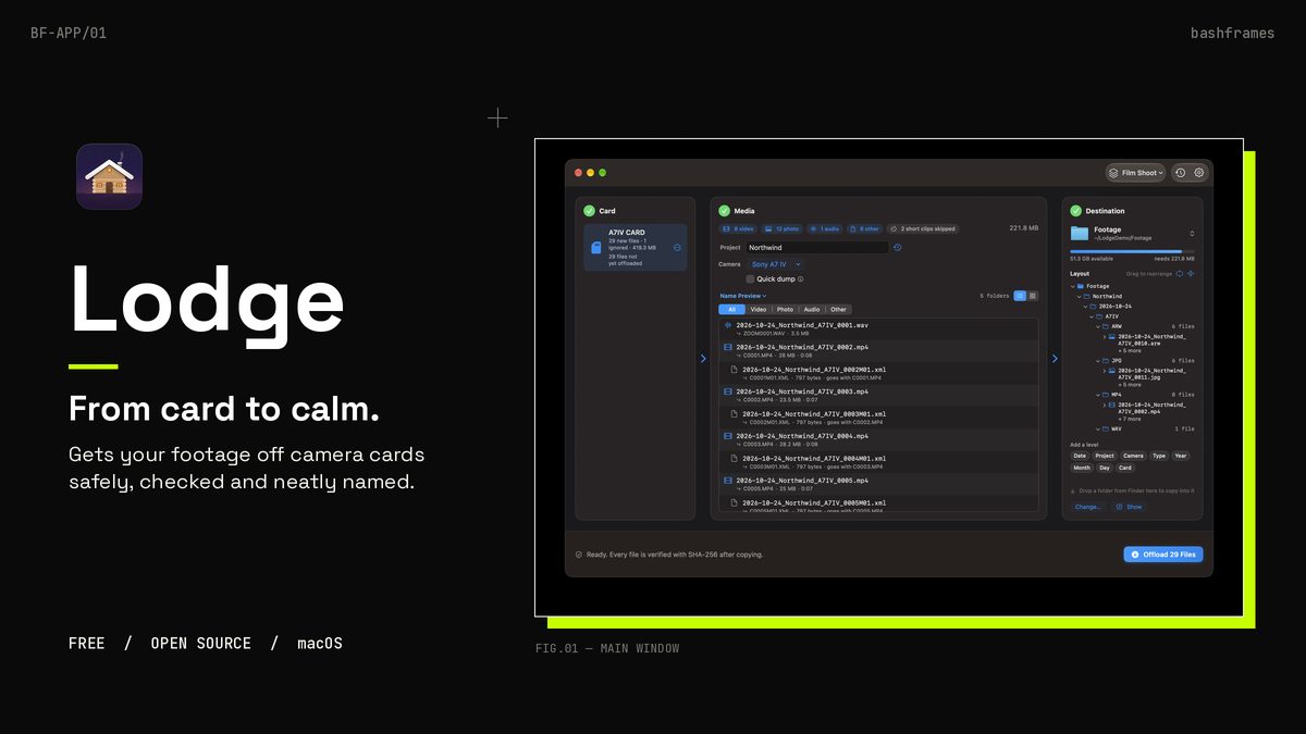 Lodge for macOS: From card to calm. The Lodge app window offloading a camera card. Free, open source.